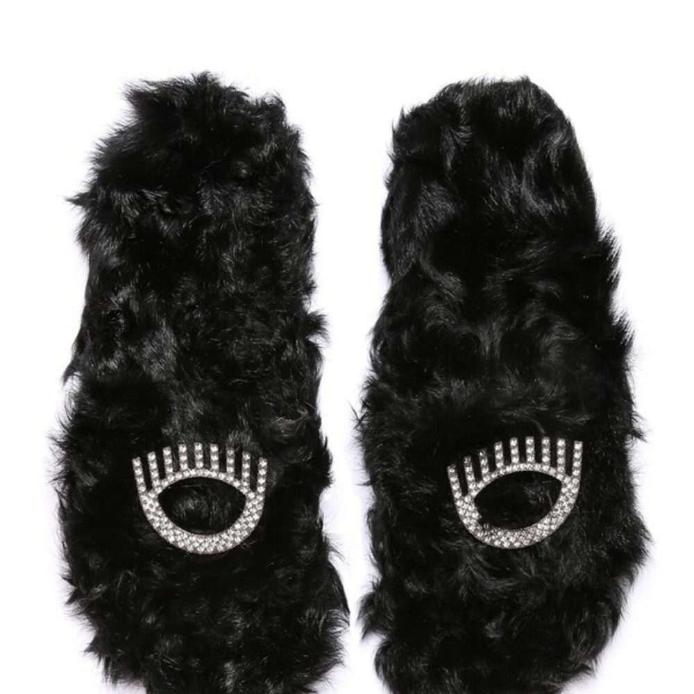 CHIARA FERRAGNI EMBELLISHED EYE LAMB FUR SANDALS - Picture 3 of 5